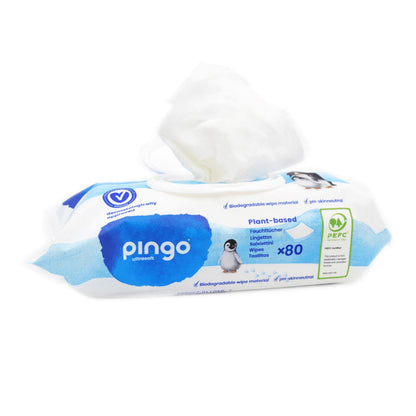 Embalagem com 12 toalhitas 100% biodegradáveis ​​​​Pingo, 80 unidades