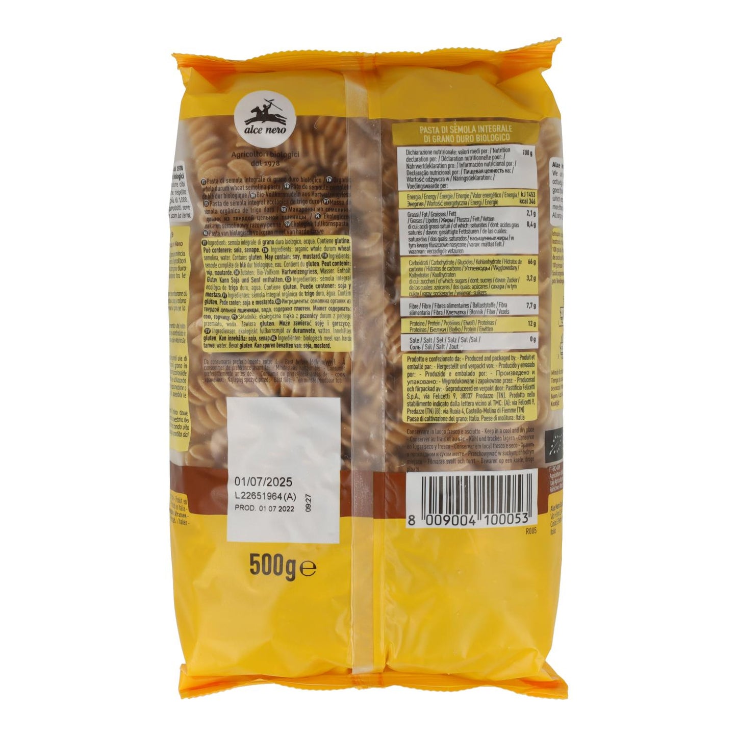 Fusilli biológico de trigo duro integral Alce Nero 500 g
