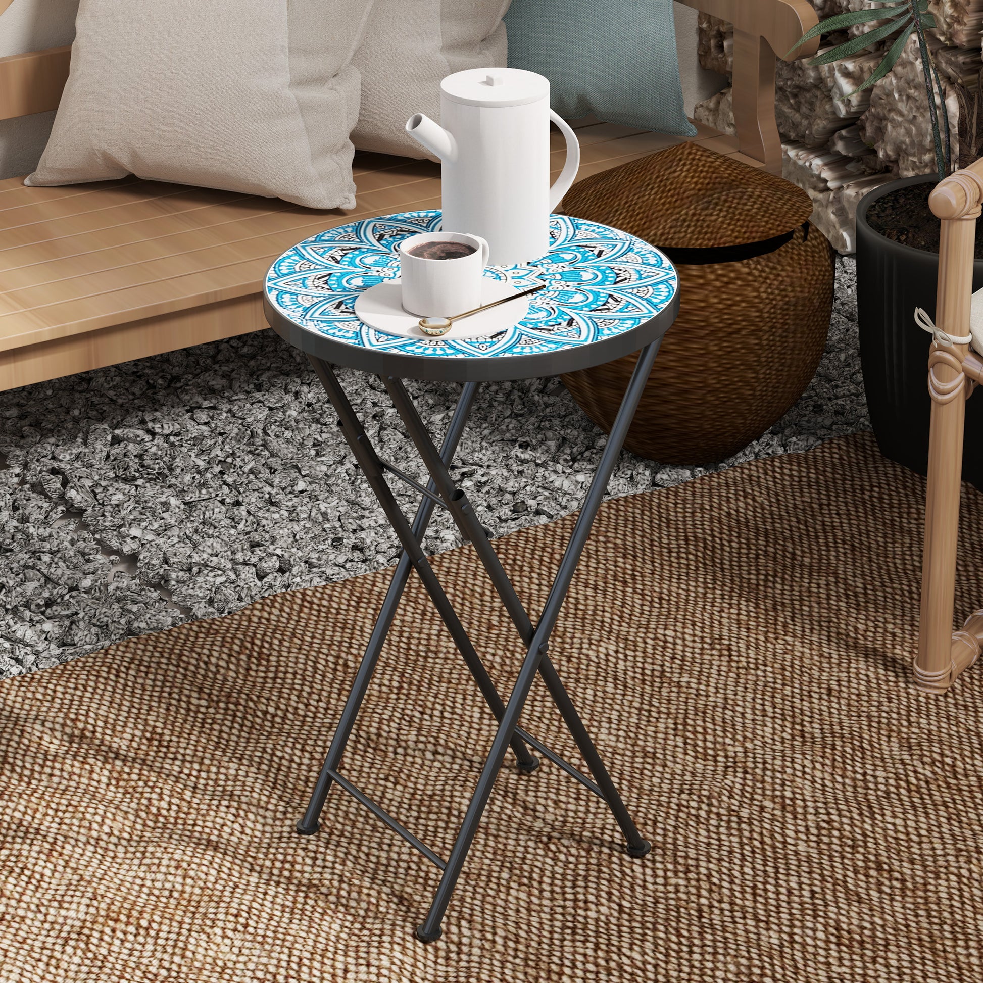 Outsunny Mesa Auxiliar Redonda Plegable Con Encimera De Mosaico Azul_3