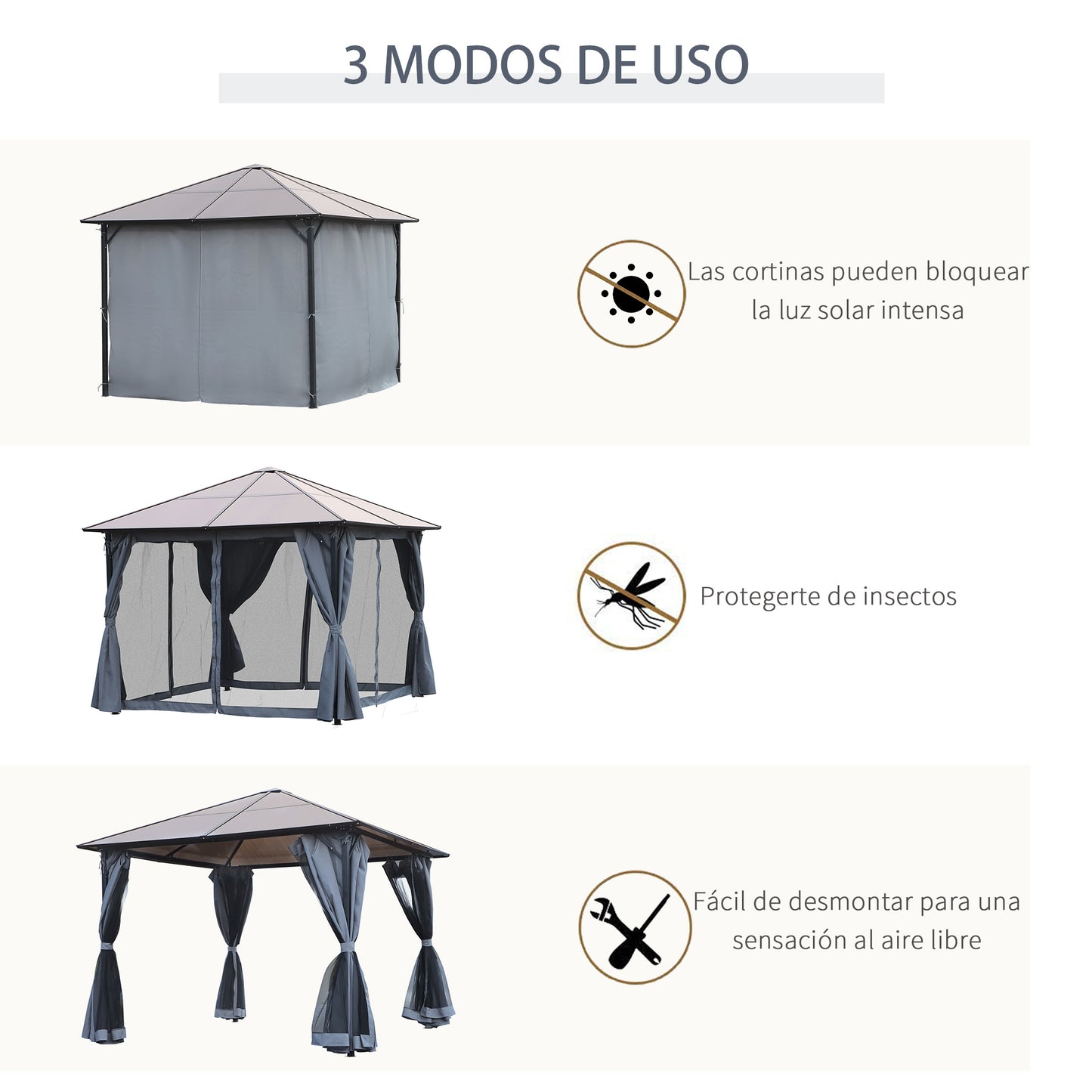 Outsunny Cenador 3x3 M Con Techo De Policarbonato 4 Cortinas Laterales Marco De_5