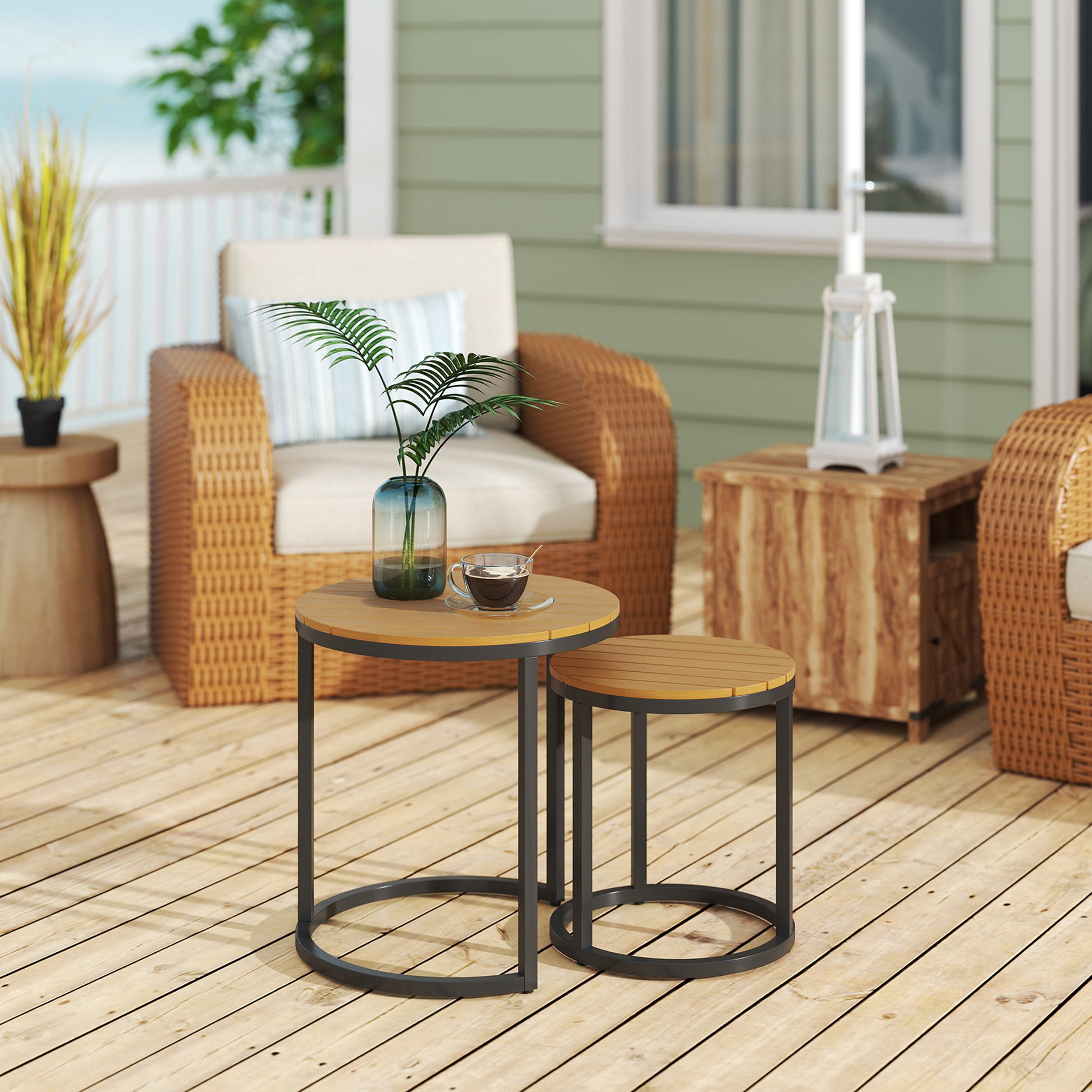 Outsunny Juego De 2 Mesas De Jardín Con Encimera De Madera Diseño Listones Teca_1