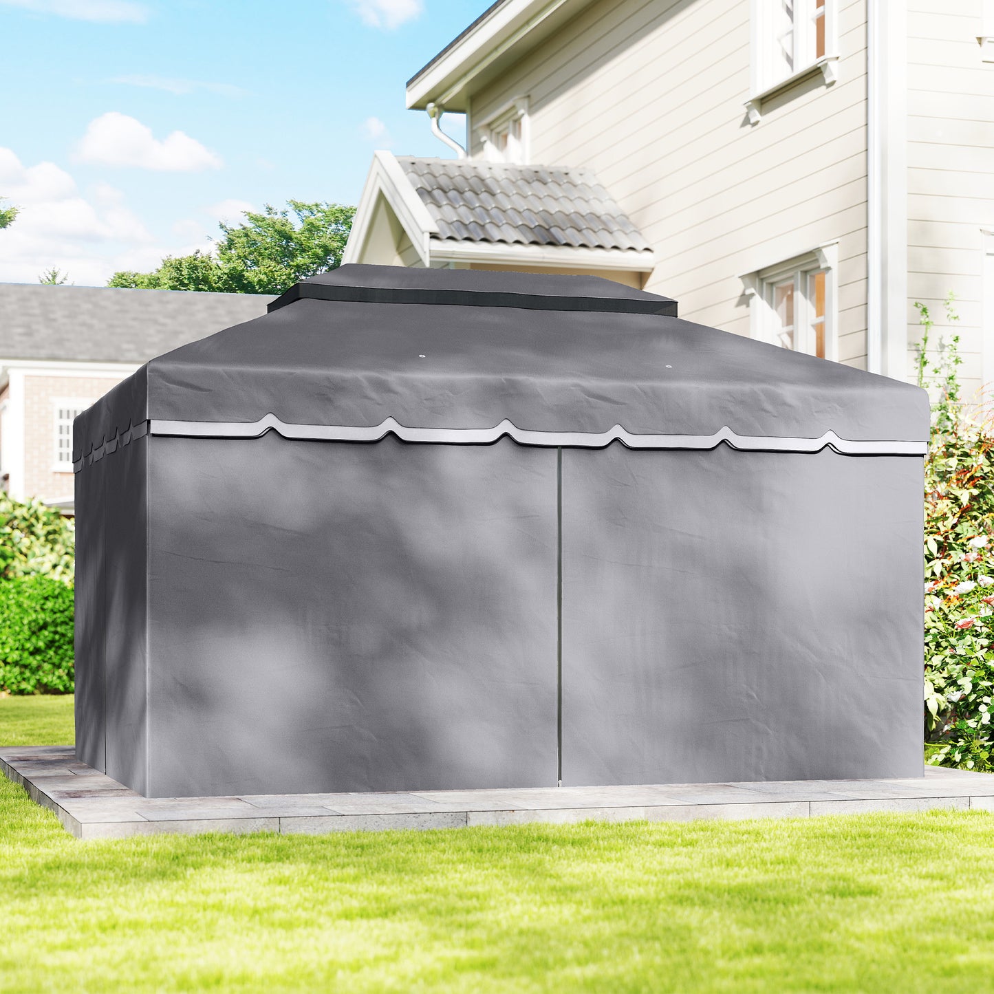 Outsunny Cenador Para Jardín 4x3 M Con Doble Techo Y Paredes Laterales Gris_4