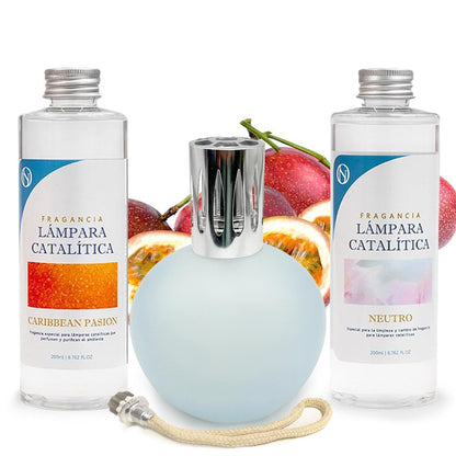 Pack Lámpara Catalítica Azul Grisáceo Mate + Fragancia Caribbean Passion 200ml + Limpiador Neutro 200ml + Mecha Repuesto_0