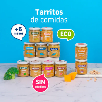 Embalagem de 12 frascos de vegetais e pescada biológica Smileat +6 meses 230g