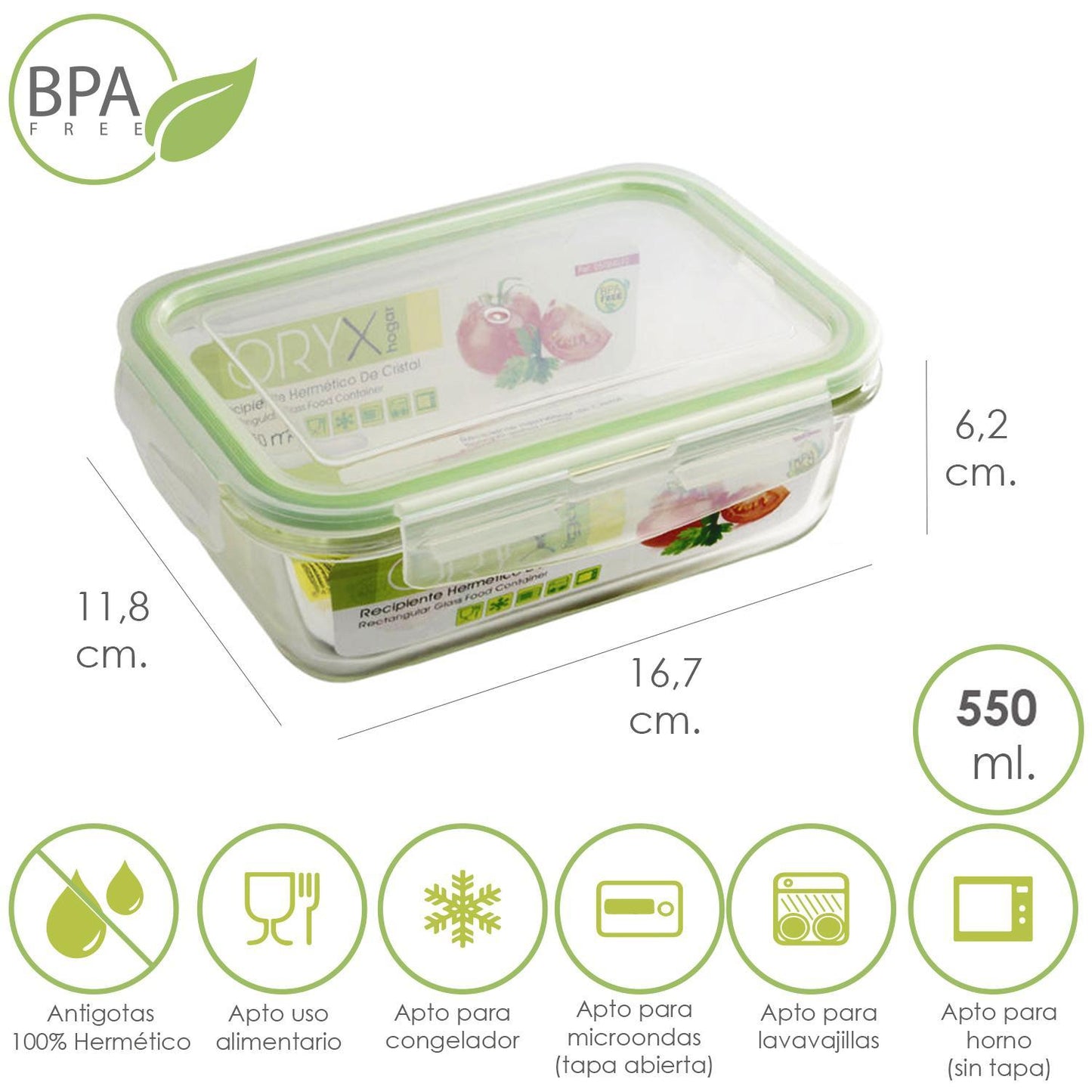 Recipiente Hermetico Cristal Rectangular 550 Ml. 16.7 X 11.8 X 6.2 (alt) Cm._0