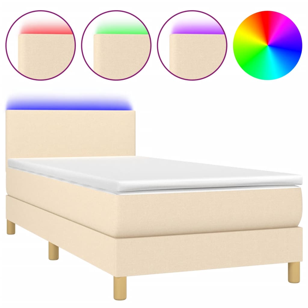 Cama Box Spring Colchón Y Luces Led Tela Crema 90x200 Cm / Vetonek_4