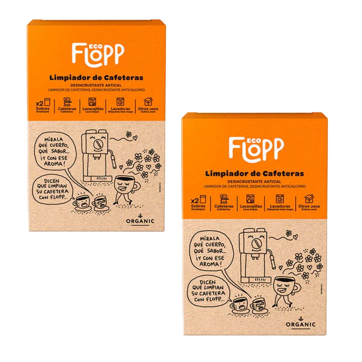 Embalagem de 2 produtos de limpeza para cafeteira - 1 caixa x 2 saquetas Flopp