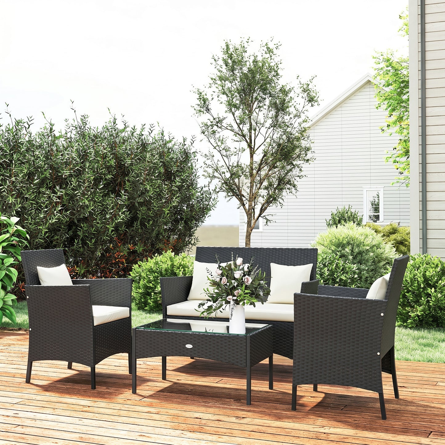 Outsunny Conjunto De Jardín De Ratán Sintético De 4 Piezas Negro Y Crema_4
