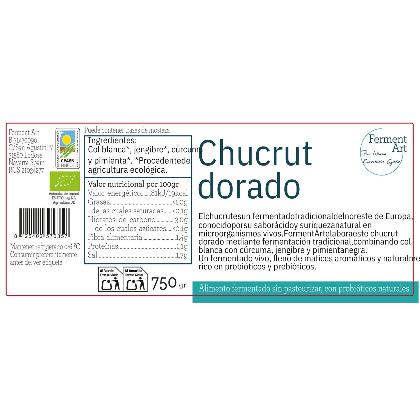 Chucrut Dorado Eco Sin Pasteurizar Ferment Art 750 Gr_1
