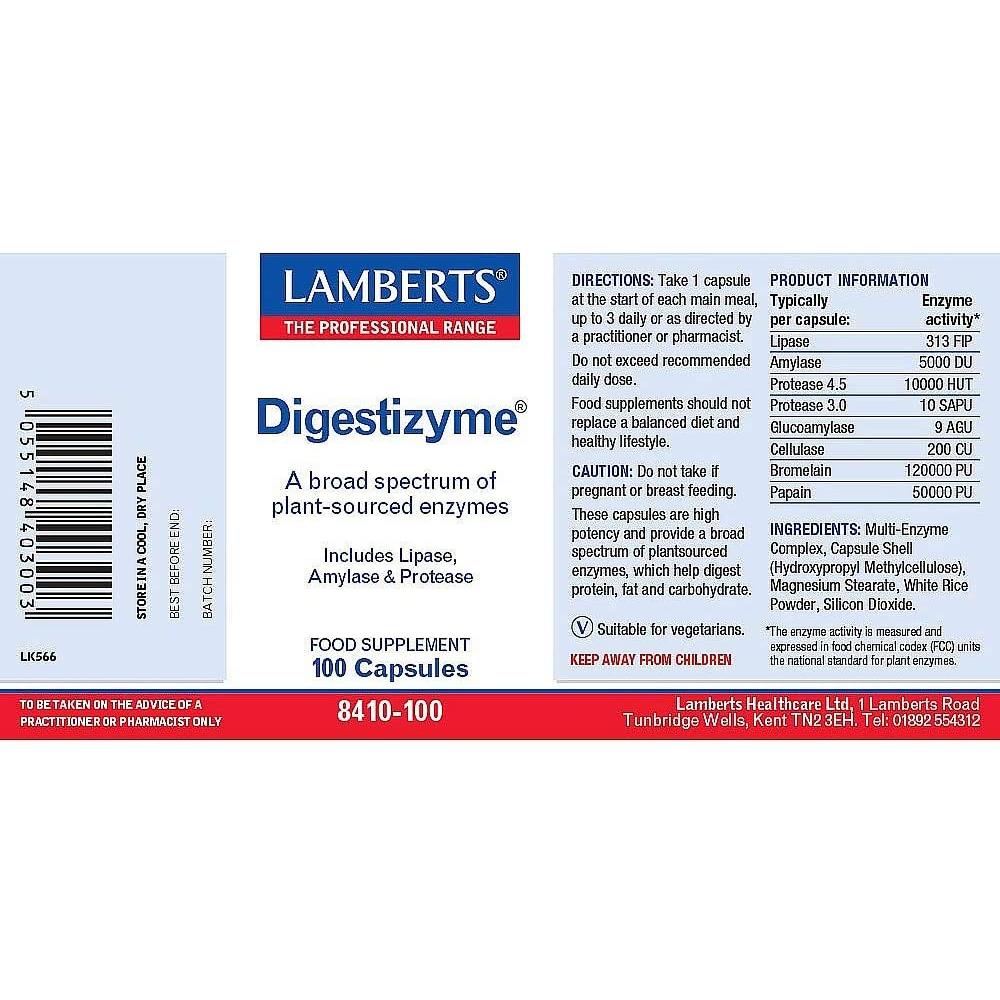 Embalagem de 2 enzimas digestivas Digestizyme, Lamberts, 100 cápsulas
