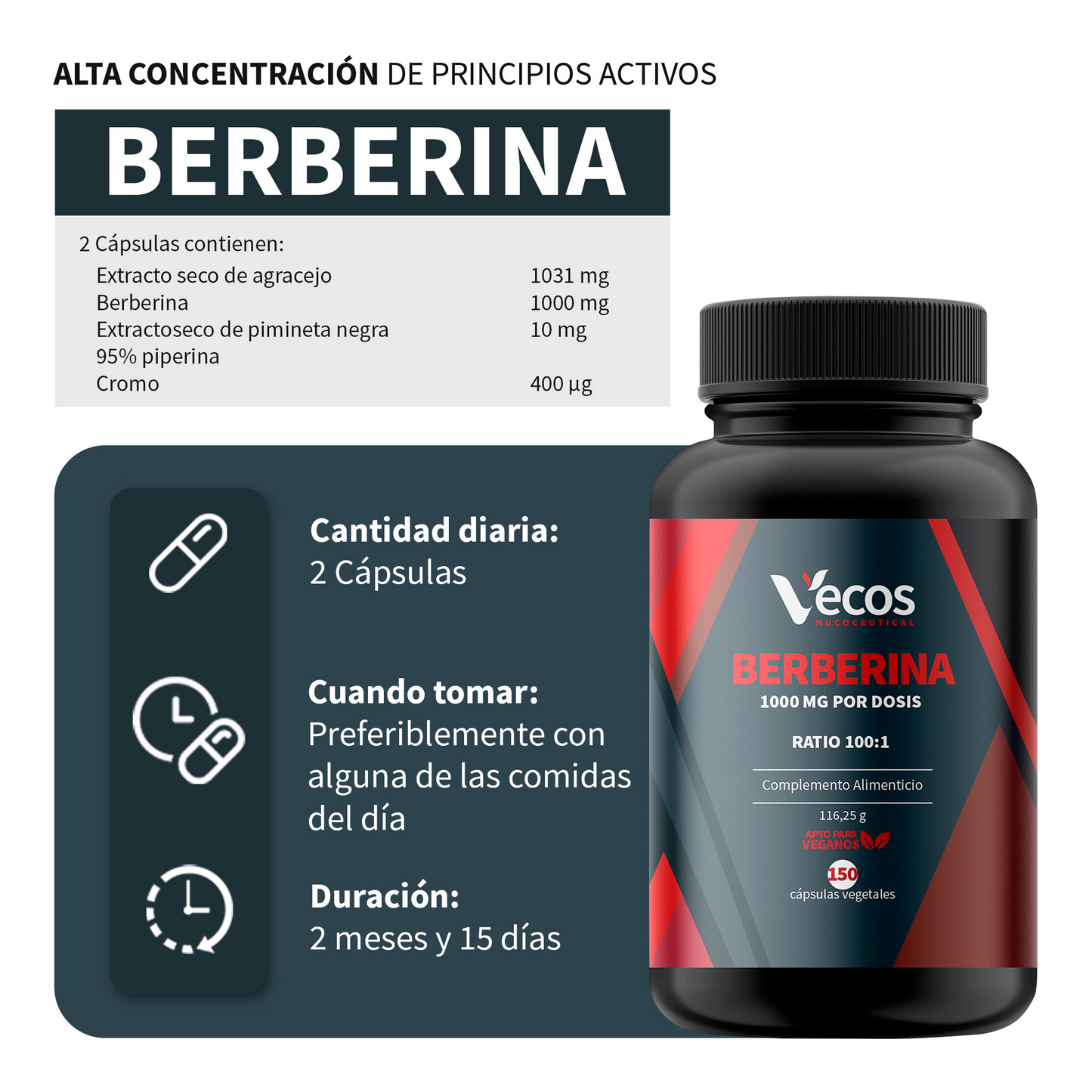 Berberina 1000 Mg 100:1 Vecos 150 Cápsulas | Control De Glucosa Y Metabolismo | Con Cromo Y Piperina 95%_2