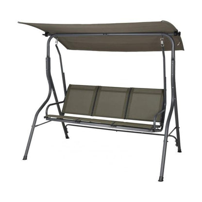 Banco de baloiço de três lugares com tejadilho.