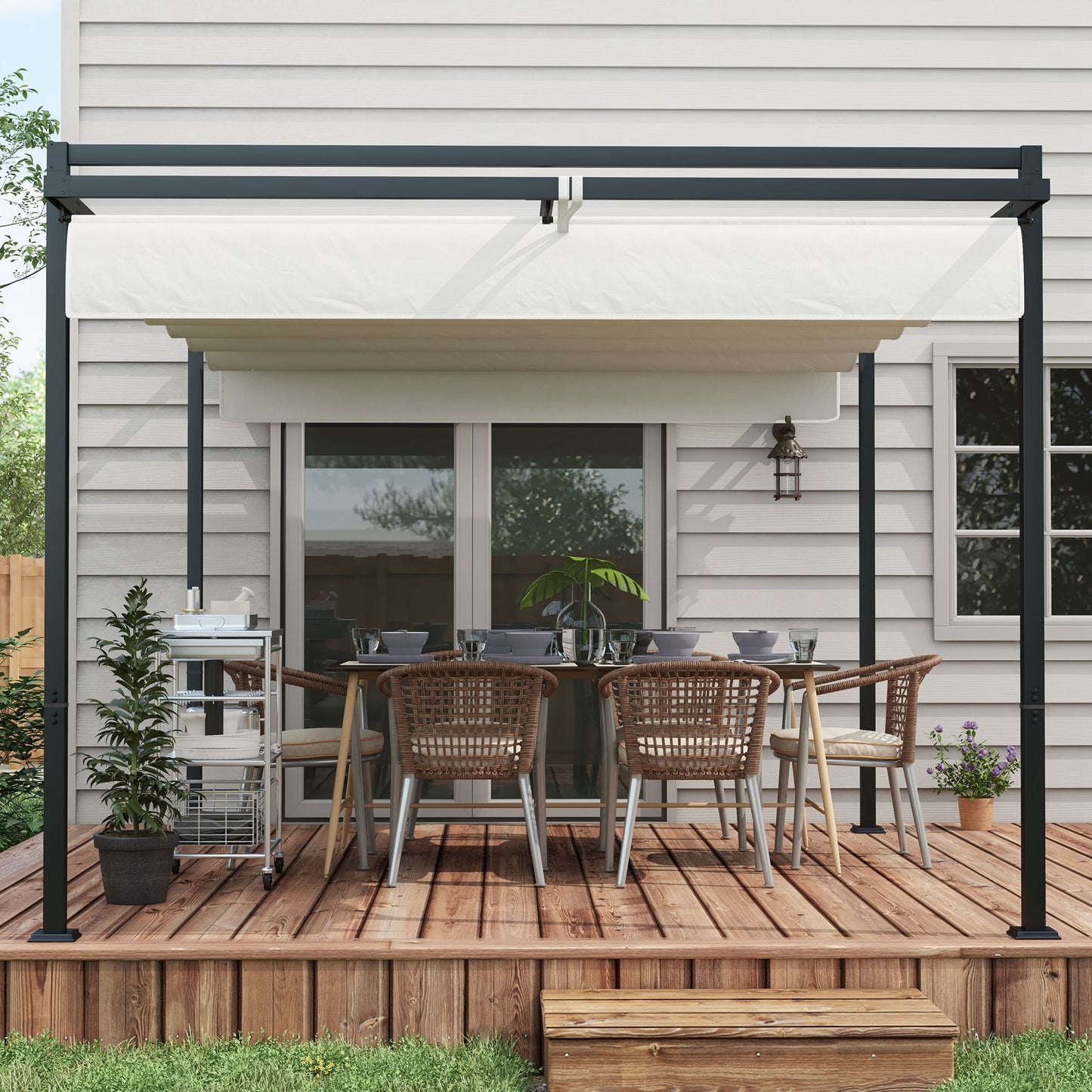 Outsunny Pérgola 3x4 M Con Techo Retráctil De Poliéster Blanco Y Gris Oscuro_3