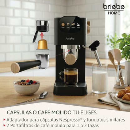 Briebe Nordic Cafetera Espresso 20 Bares Compatible Cápsulas Nespresso Y Café Molido Espumador Leche, Ec1180blk,negro_3