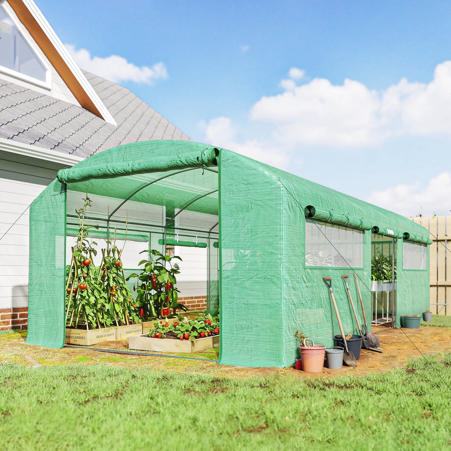 Outsunny Invernadero De Exterior 6x3x2 M Con 6 Ventanas De Malla Verde_1
