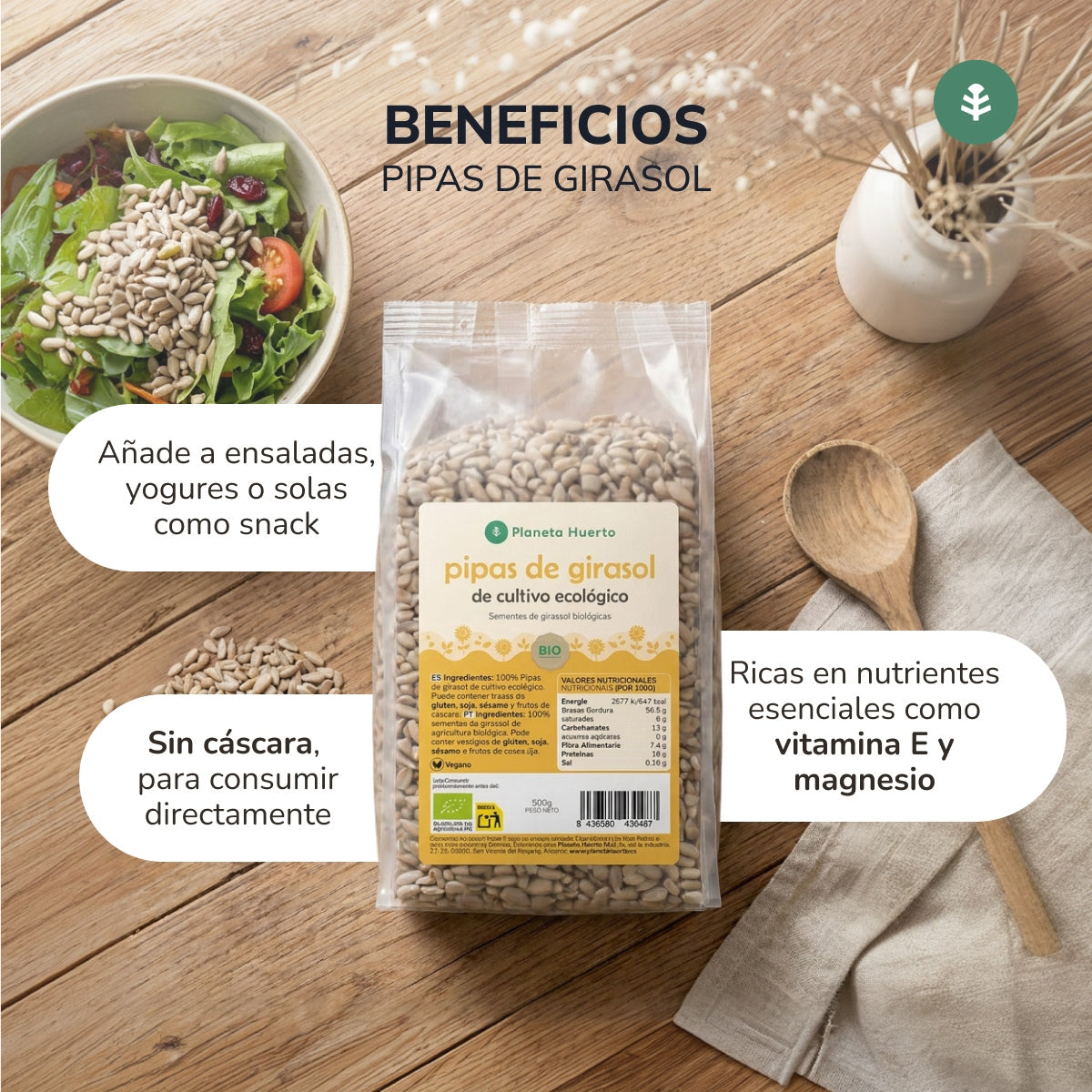 Pipas peladas de Girasol ECO Planeta Huerto 500 g