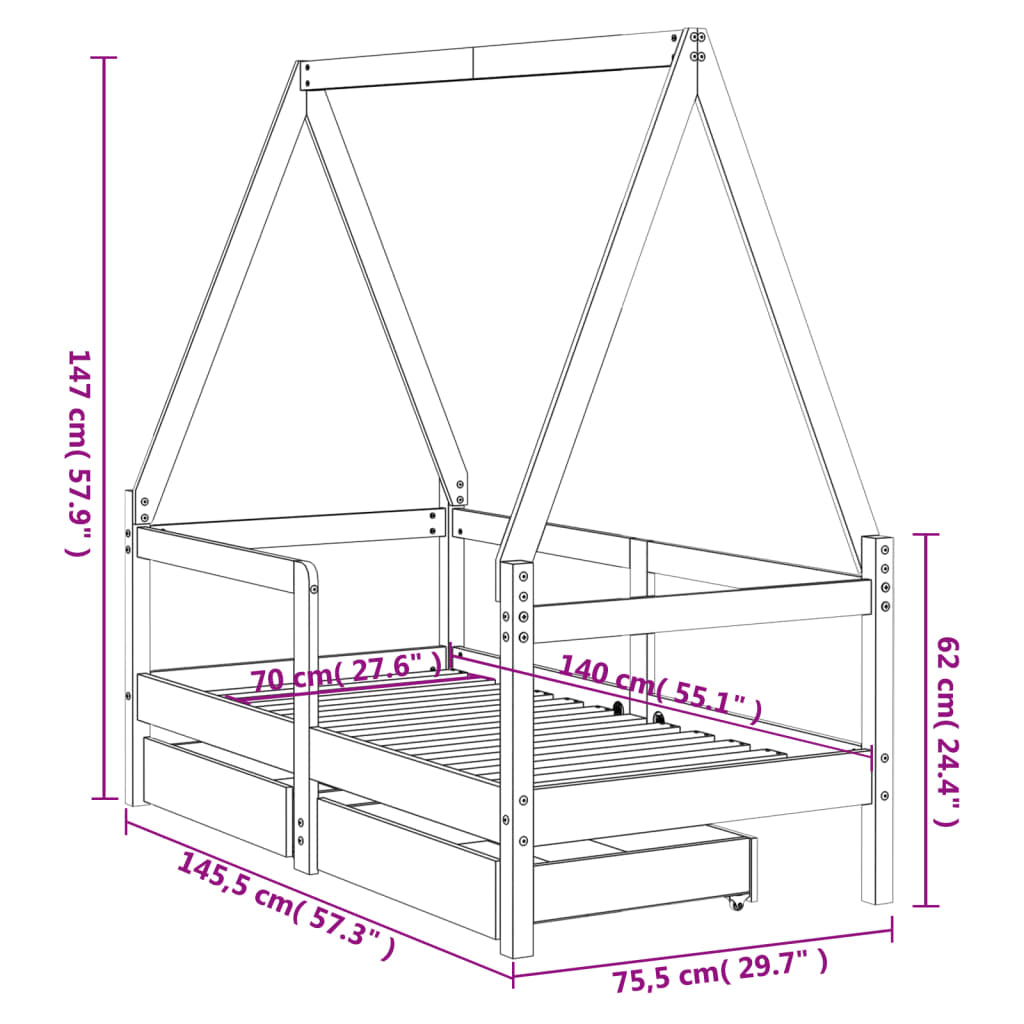 Vidaxl Estructura Cama Niños Con Cajones Madera Pino Blanco 70x140 Cm_2