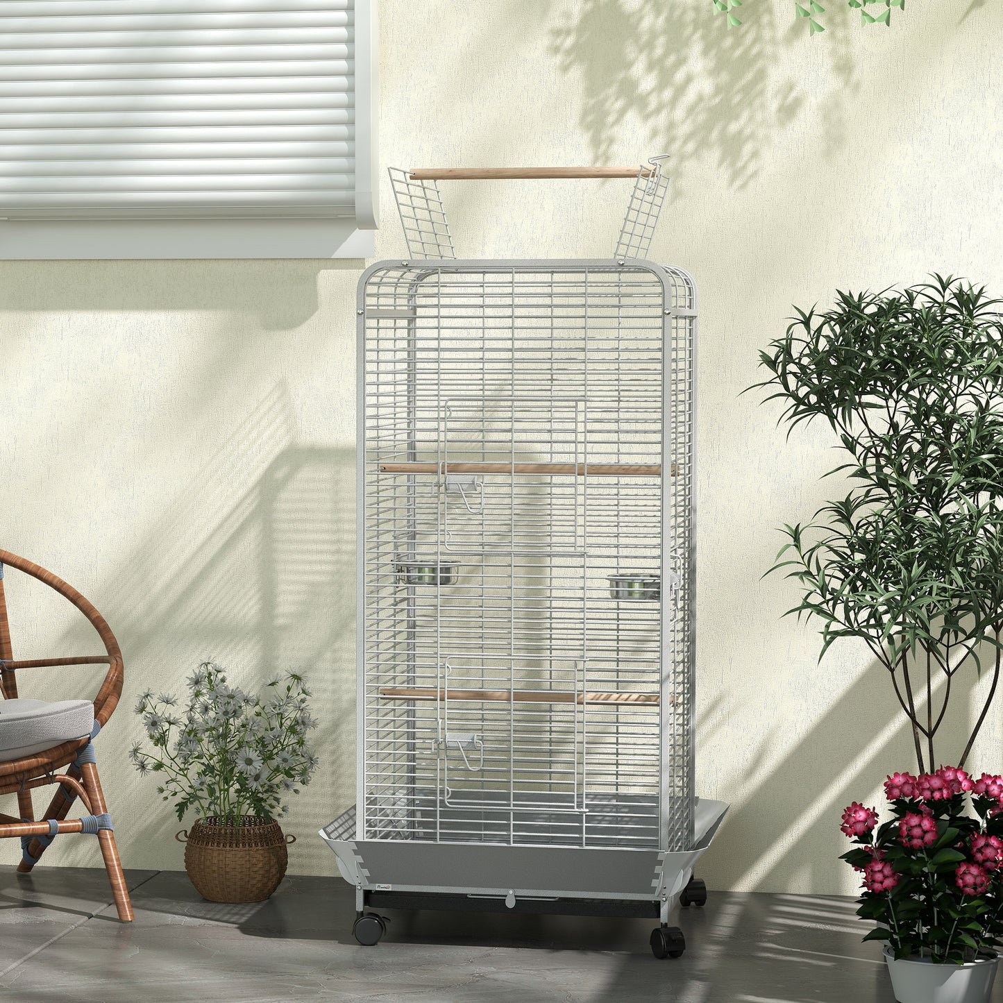 Pawhut Jaula Para Pájaros Con Ruedas Perchas 79x73x146 Cm Gris Claro_4