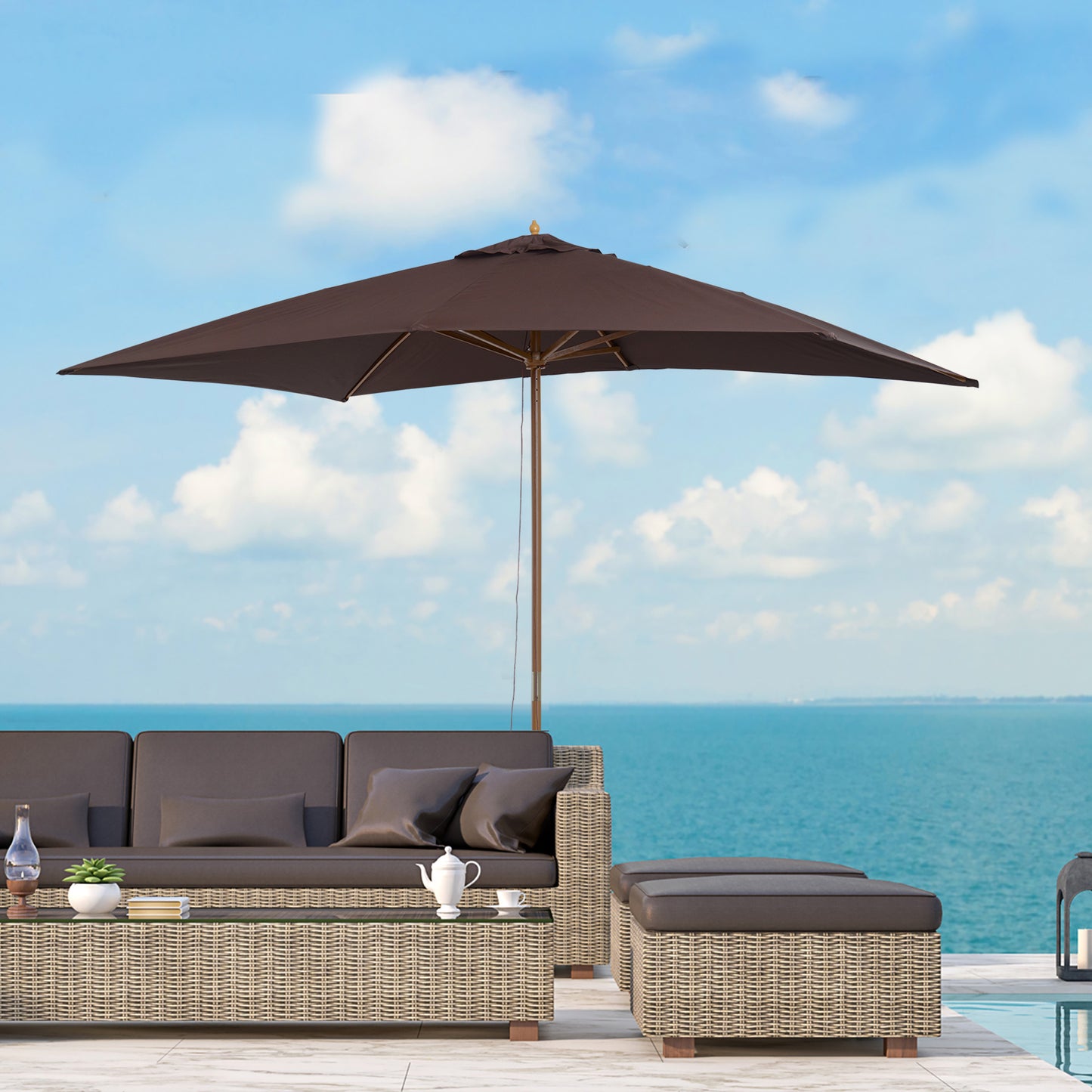 Outsunny Sombrilla Jardín 295x200cm Con Mástil De Madera Y Polea Café_1
