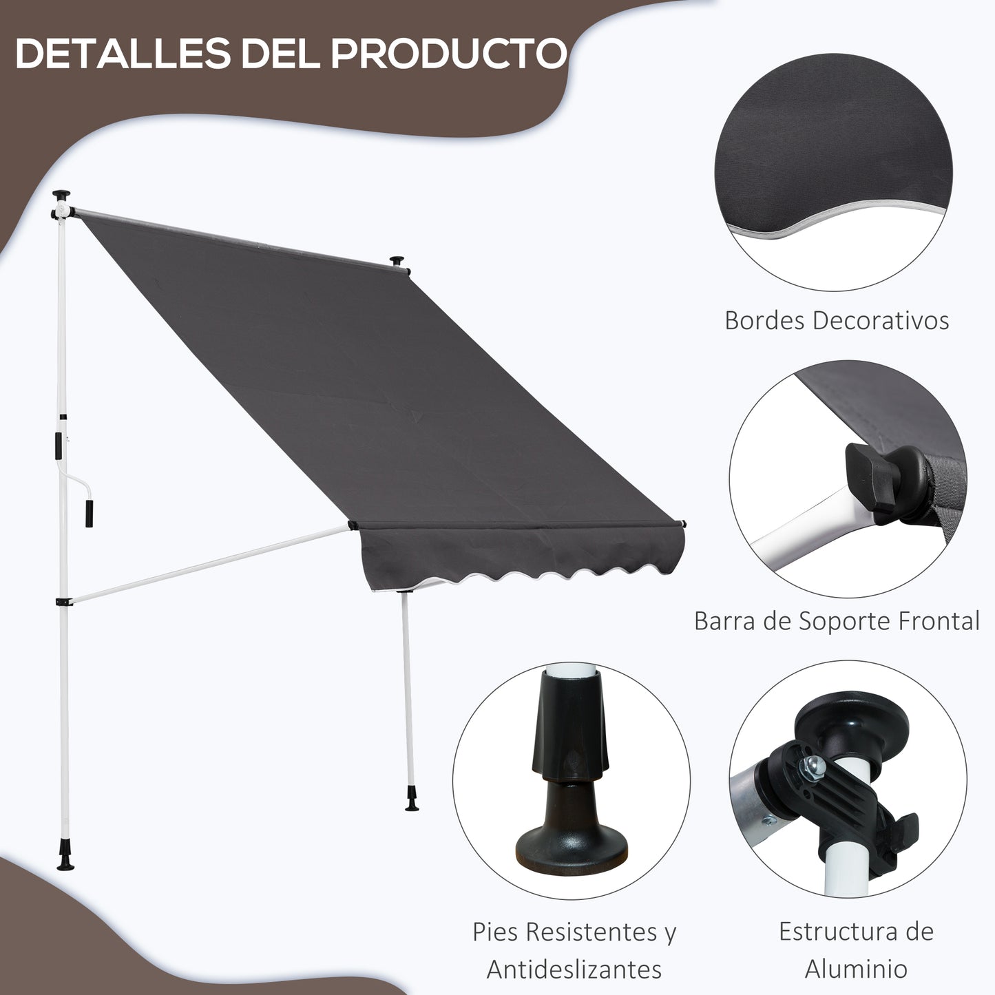 Outsunny Toldo Manual Retráctil 200x150x170-280cm Con Manivela Para Terraza_5