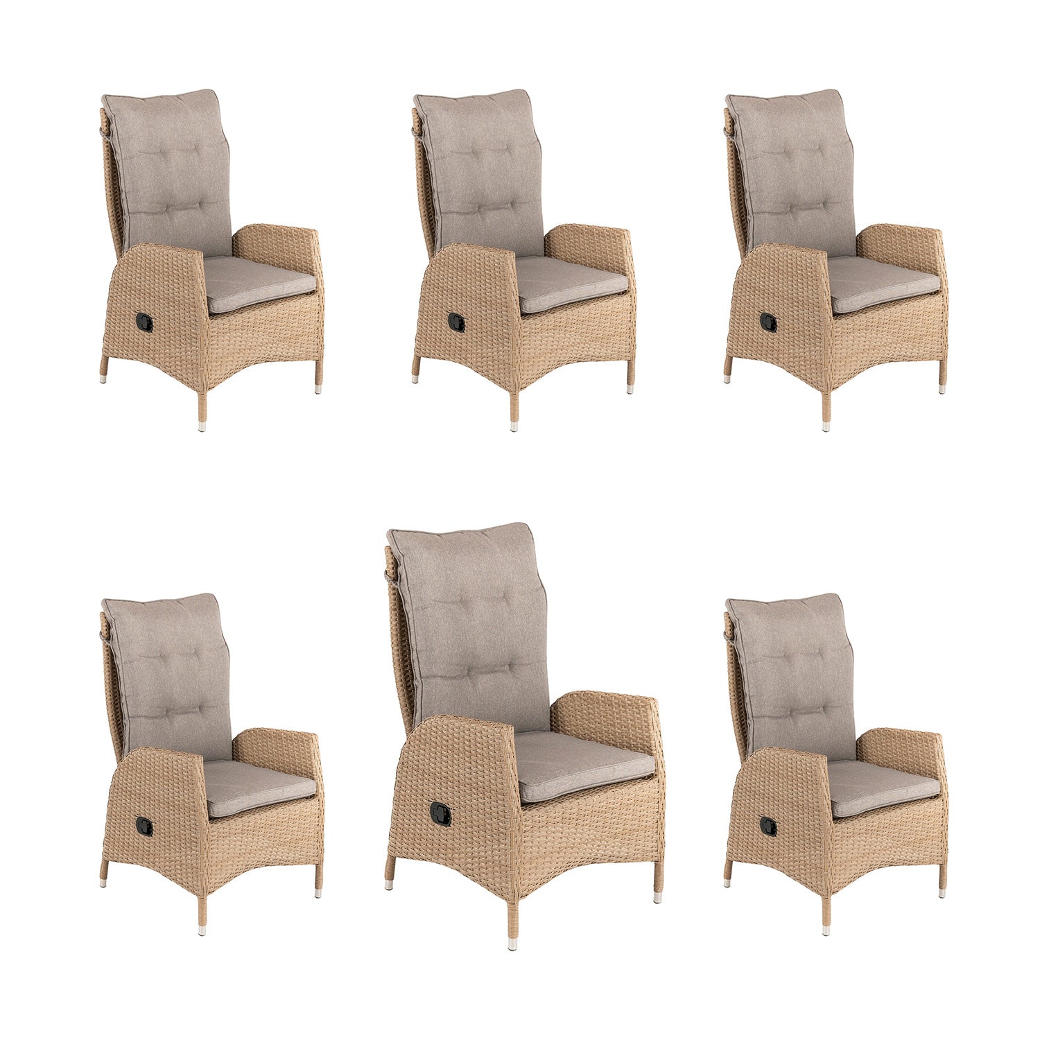 Pack 6 Sillones De Exterior Reclinables, Tamaño: 63x67x120 Cm, Aluminio Y Rattán Sintético Color Natural, Cojín Marrón_0