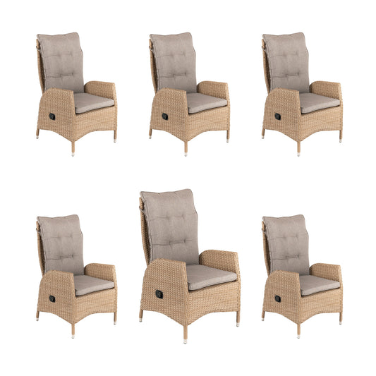Pack 6 Sillones De Exterior Reclinables, Tamaño: 63x67x120 Cm, Aluminio Y Rattán Sintético Color Natural, Cojín Marrón_0
