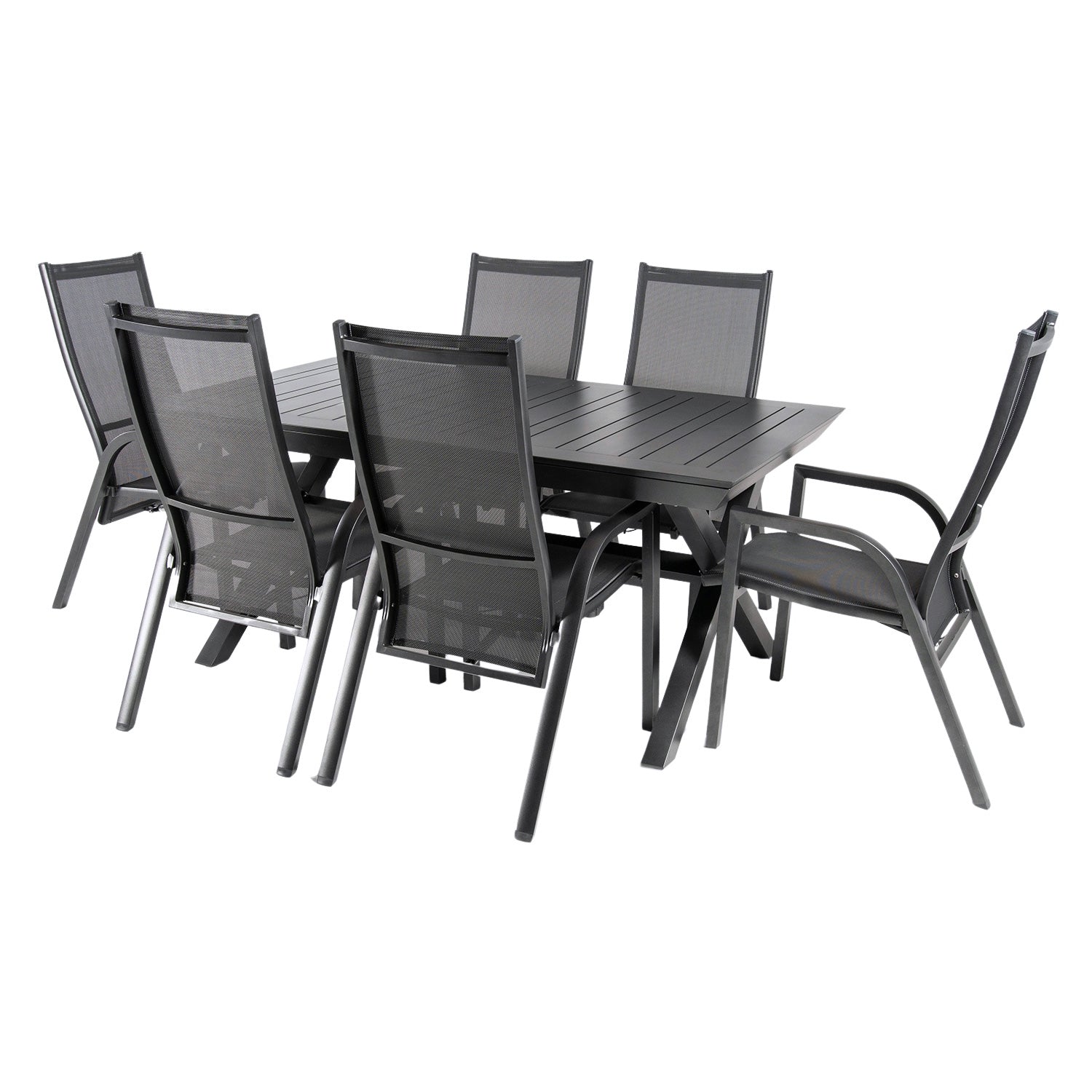 Conjunto Mesa Exterior Extensible 170/240 Y 6 Sillones Reclinables, Aluminio Antracita, Textilene Plata Y Negro, 6 Plazas_0