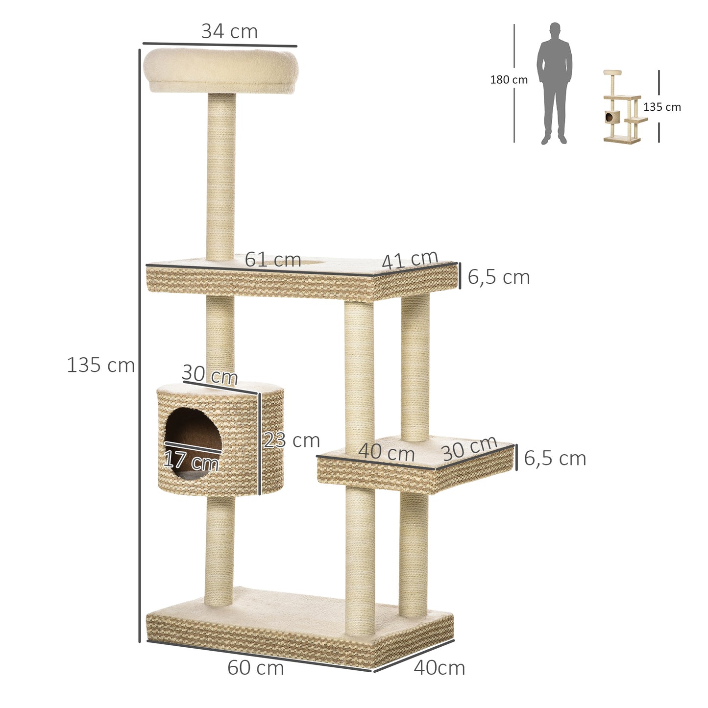 Pawhut Árbol Rascador Gatos Con Cueva Y Múltiples Plataformas 60x40x135cm Beige_2