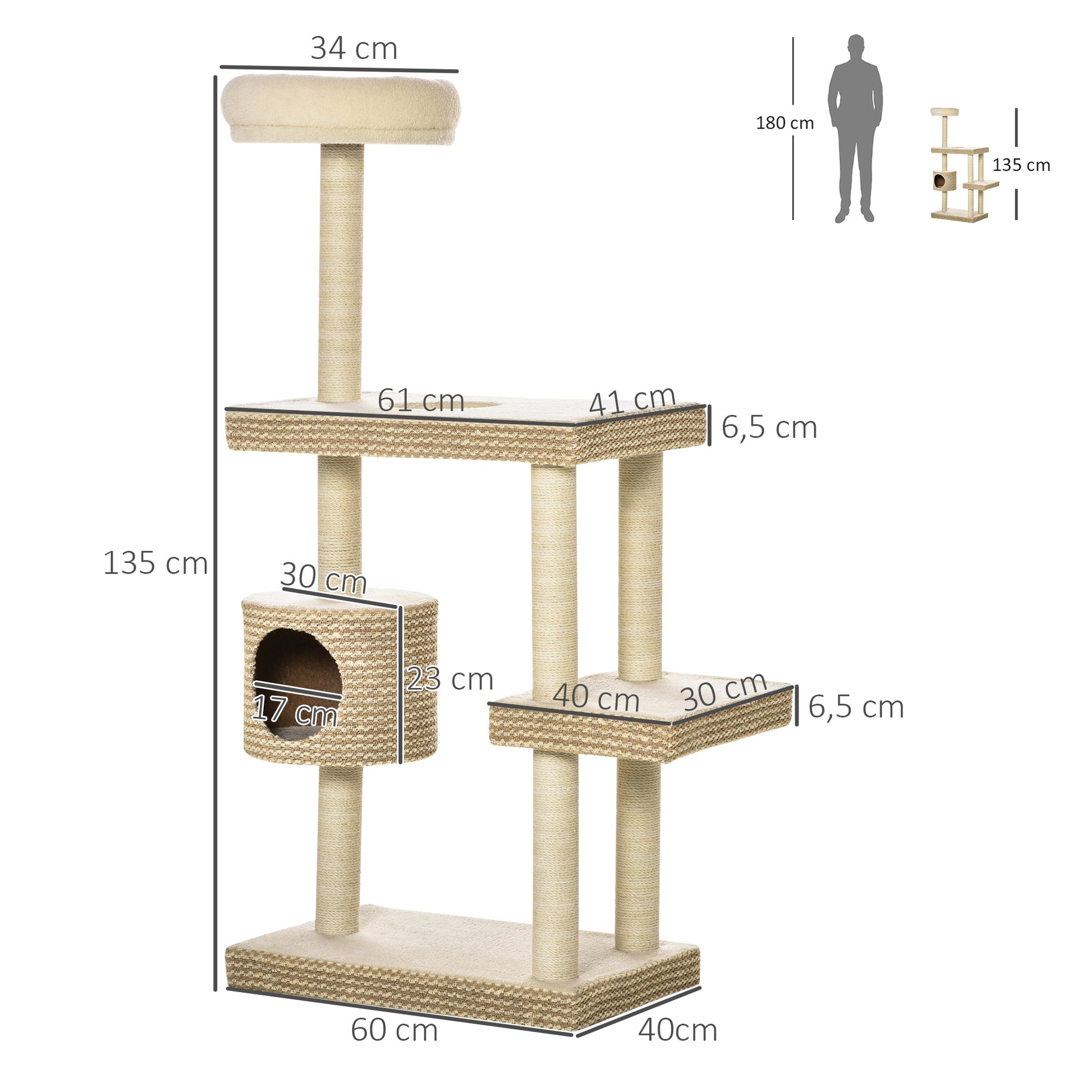 Pawhut Árbol Rascador Gatos Con Cueva Y Múltiples Plataformas 60x40x135cm Beige_2