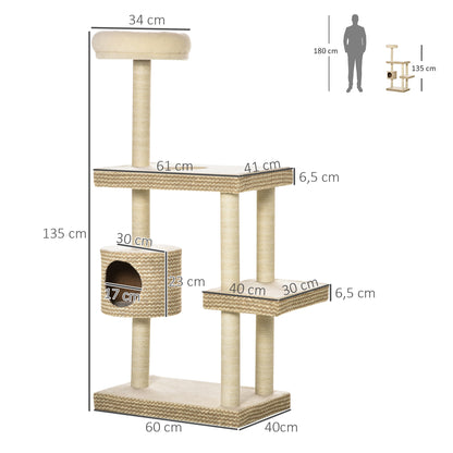 Pawhut Árbol Rascador Gatos Con Cueva Y Múltiples Plataformas 60x40x135cm Beige_2