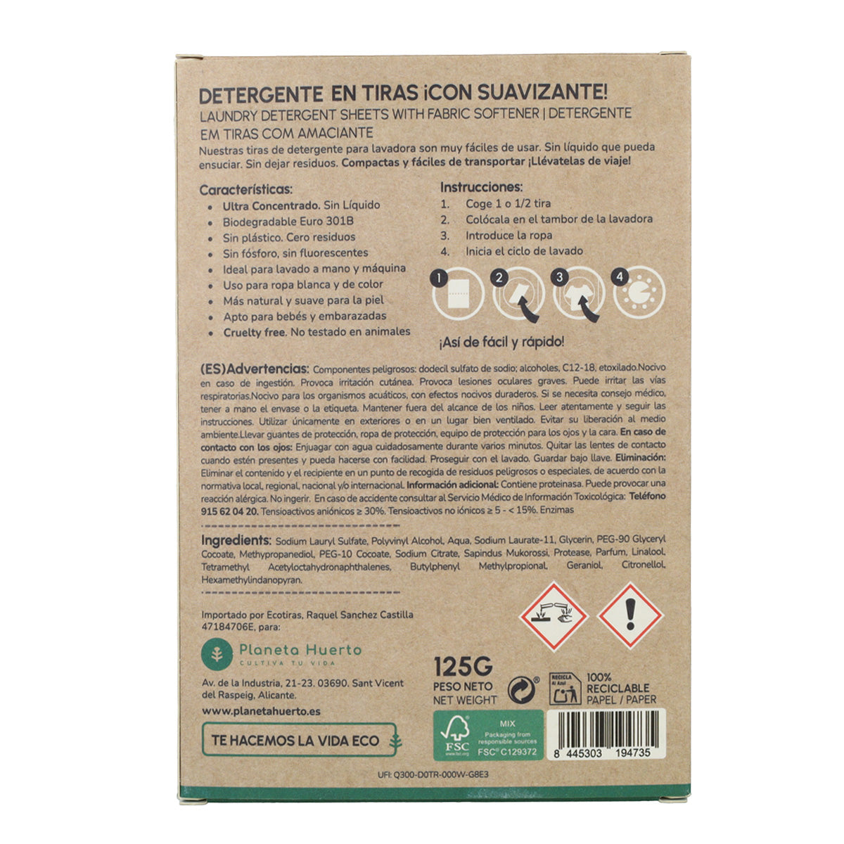 Embalagem de 2 Eco-Strips para detergente e amaciador Planeta Huerto 40 lavagens