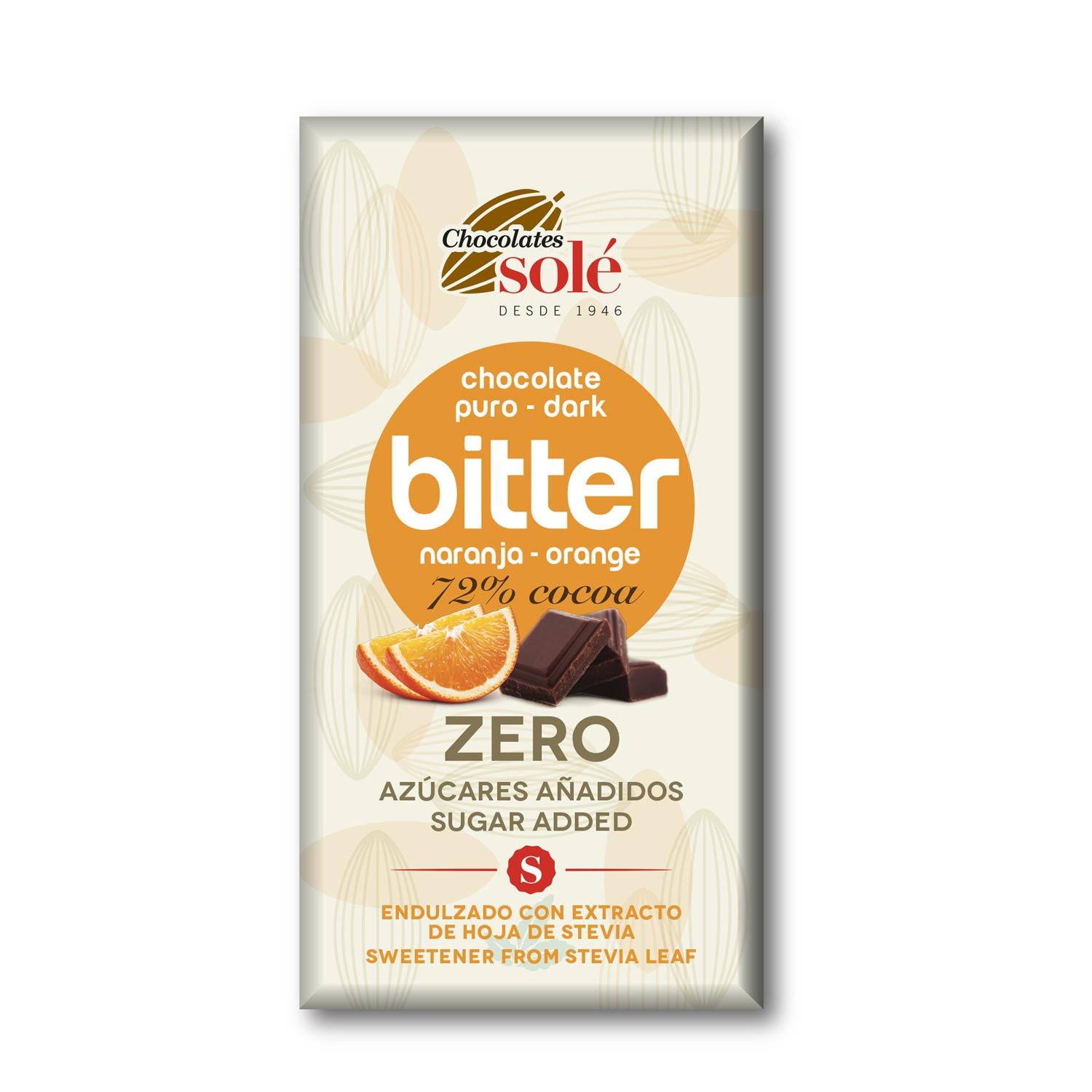 Barra de chocolate 72% Stevia laranja amarga 100g Solé