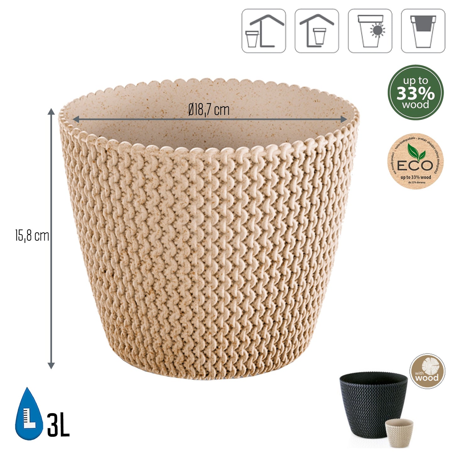Macetero Color Ocre,sin Depósito , Colección Splofy Eco Wood De 18,7cm X 18,7cm X 15,8cm Cm, Capacidad De 3 L.