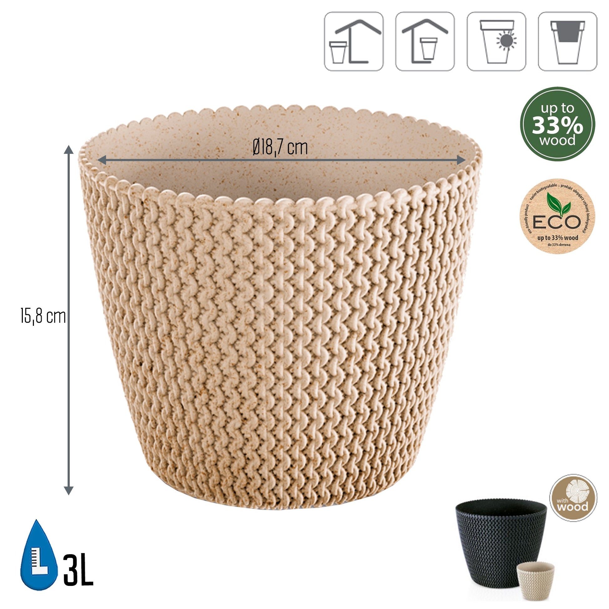 Macetero Color Ocre,sin Depósito , Colección Splofy Eco Wood De 18,7cm X 18,7cm X 15,8cm Cm, Capacidad De 3 L.