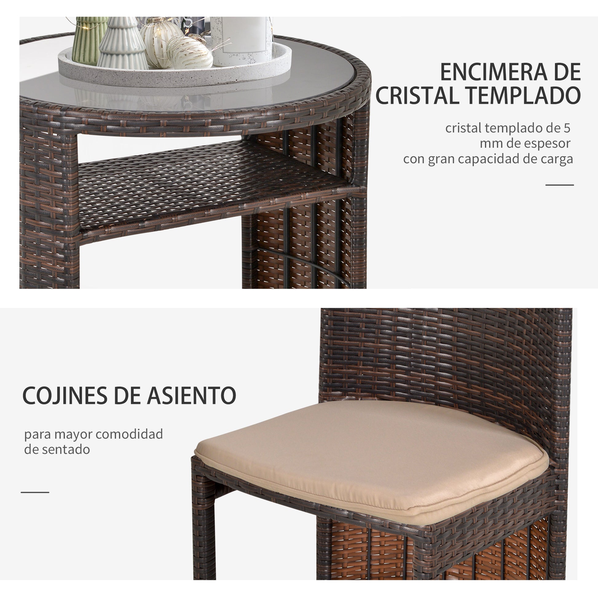 Outsunny Conjunto De Muebles Ratán De 3 Piezas 1 Mesa Y 2 Sillas 71x53.5x51 Cm_5