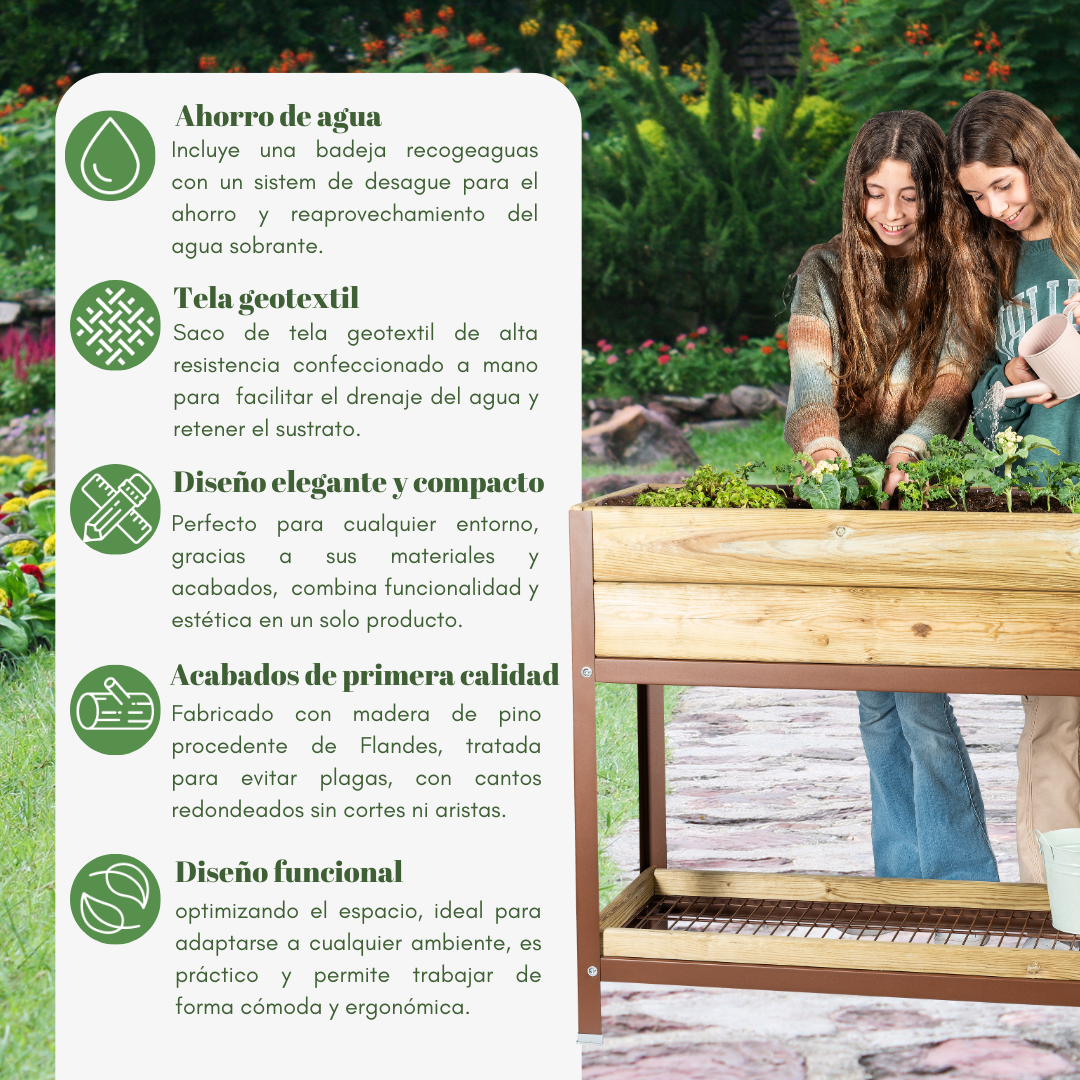 Mi Huerto Urban Jardinera Elevada Madera Con Bandeja Recoge Aguas | Estructura Metálica | Verde | 90x40x38cm_1