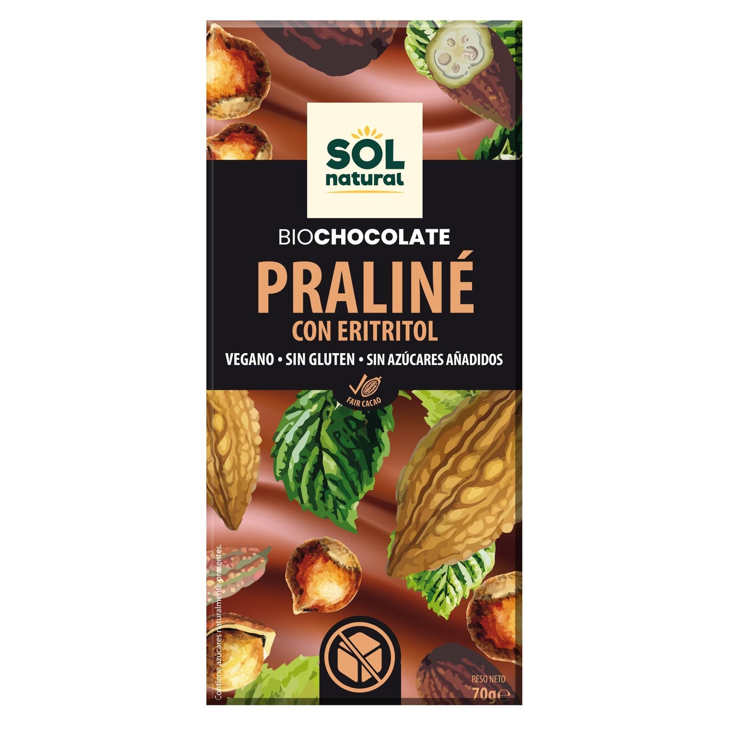 Tablete de Chocolate Praliné com Eritritol Bio Sol Natural 70 g