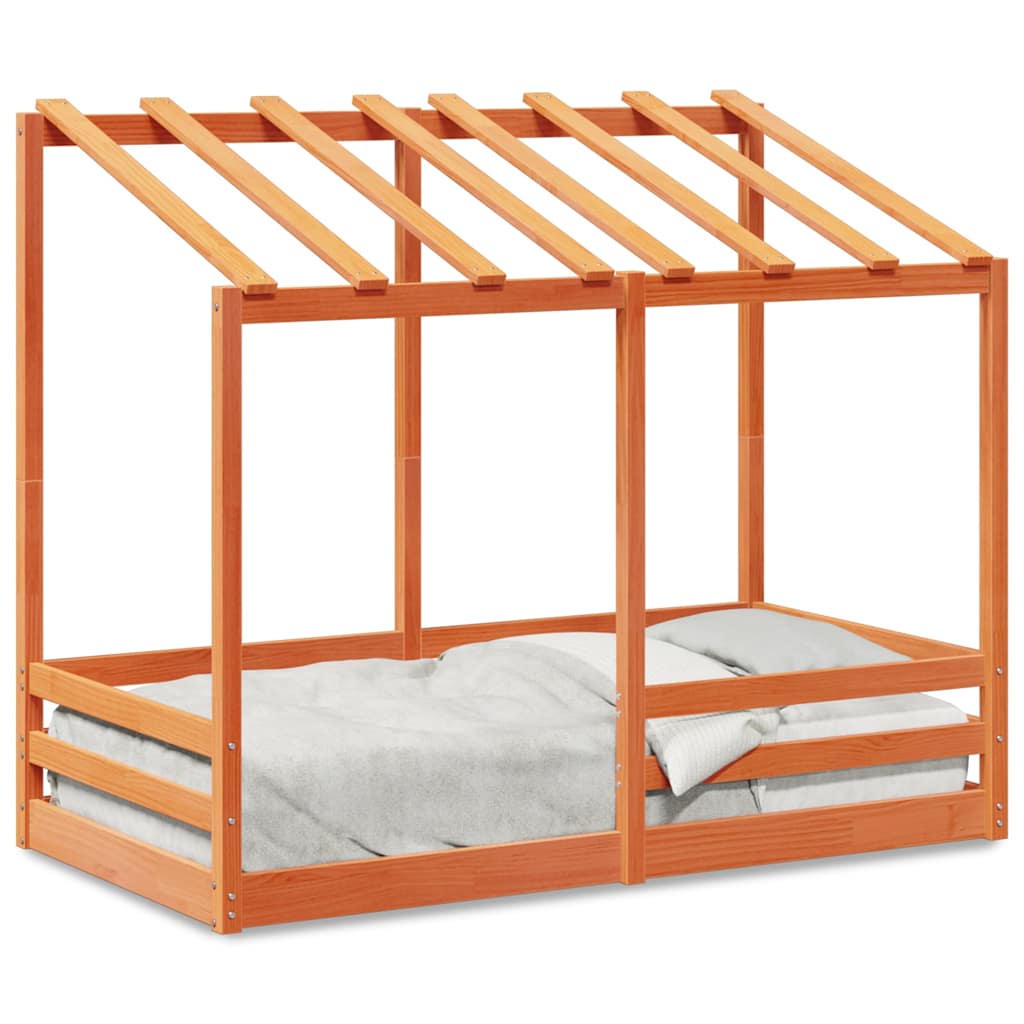 Cama Infantil Con Techo Madera Maciza Pino Marrón 70x140 Cm_0
