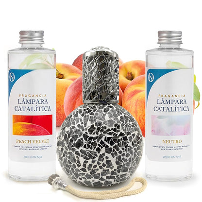 Pack Ahorro Lámpara Catalítica Mosaico Negro + Fragancia Peach Velvet 500ml + Limpiador Neutro 200ml + Mecha De Repuesto_0