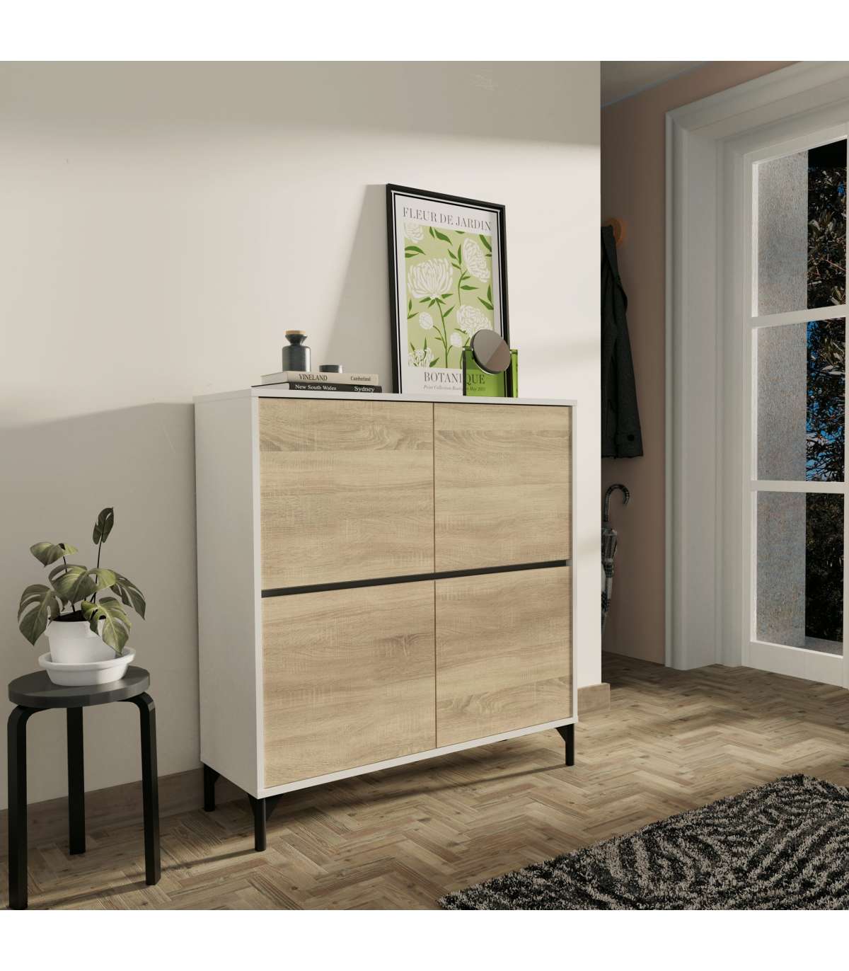 Zapatero 4 Puertas Tokio En Roble Cambrian/blanco. 101cm(ancho) 96.5cm(altura) 33cm(fondo)_0