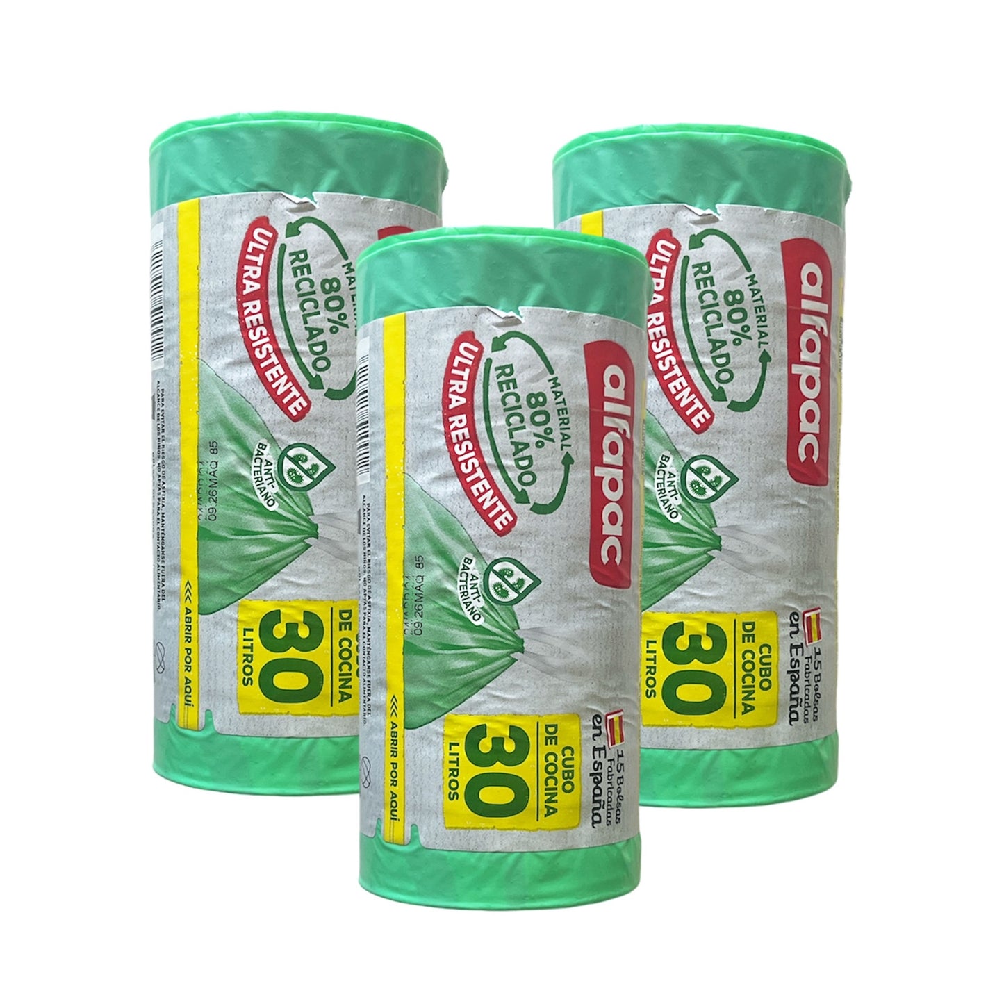 80% Reciclado 3 Rollos De 15 Bolsas De Basura  'antibacterias' 30l Con Autocierre