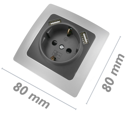 Base De Enchufe Schuko Con Usb 2 X A Hembra 80x80mm Lille Para Empotrar Plata Y Gris_1