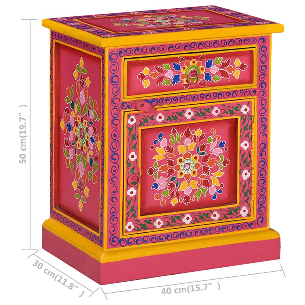 Mesita De Noche De Madera Maciza De Mango Rosa Pintada A Mano_4