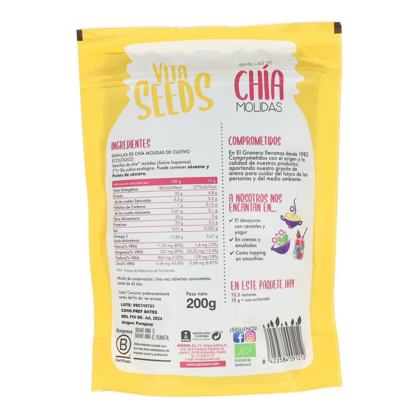 Sementes de Chia Moídas Biológicas Vitaseeds El Granero 200 g