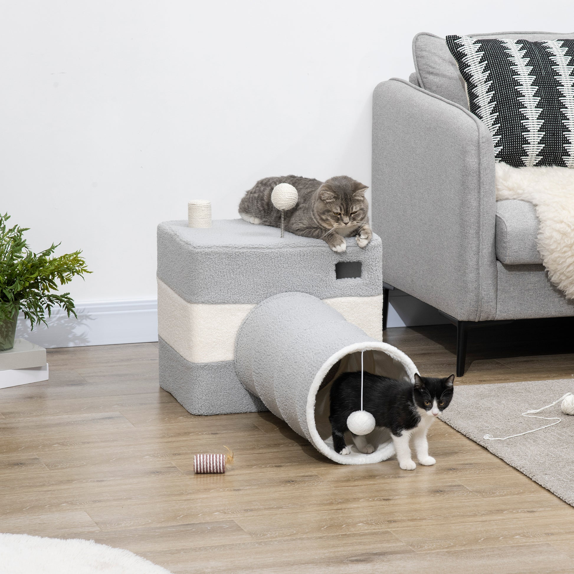Pawhut Túnel Para Gatos Con Cueva Puerta Delantera Poste Sisal Bola 48x95x58 Cm_1