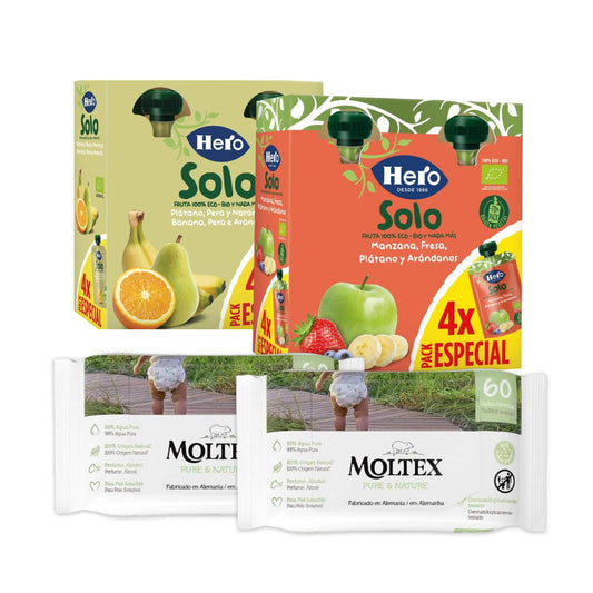 Pack de 4 saquetas de maçã + 4 saquetas de banana, pera e laranja Hero Baby + 2 toalhitas Moltex Pure &amp; Nature