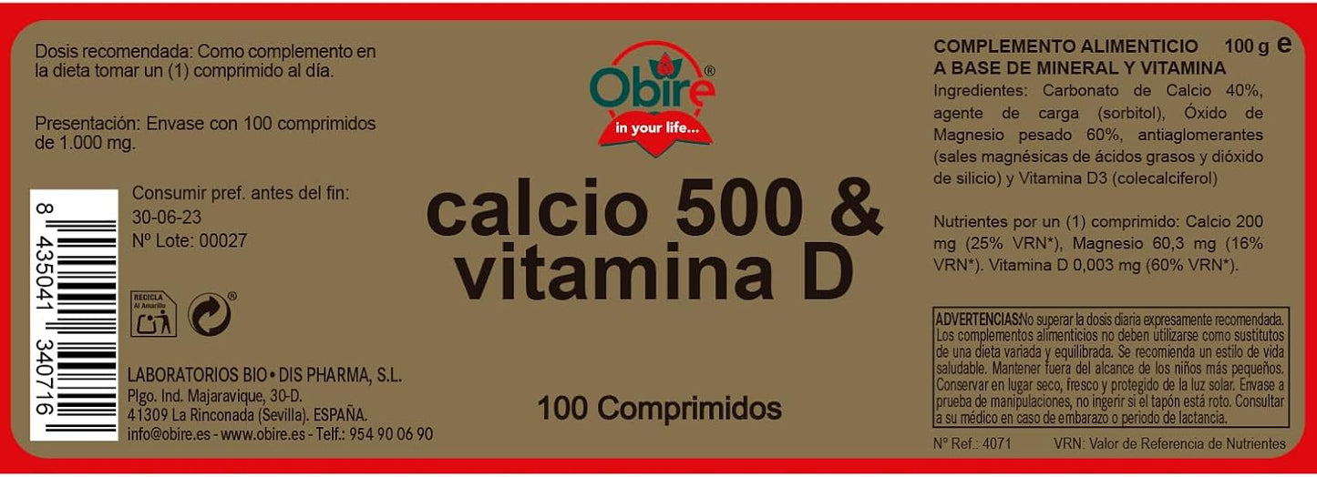 Cálcio 500 e vitamina D 100mg Obire 100 comprimidos
