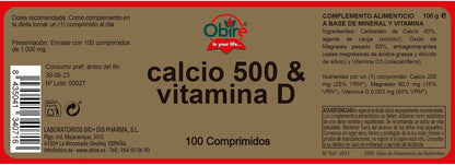 Cálcio 500 e vitamina D 100mg Obire 100 comprimidos