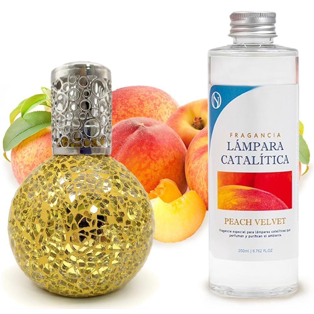 Lámpara Catalítica Mosaico Dorado + Aroma Peach Velvet 200 Ml - Elimina Malos Olores, Impurezas Y Perfuma_0