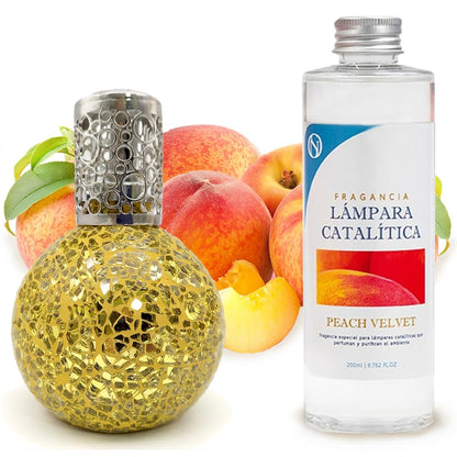Lámpara Catalítica Mosaico Dorado + Aroma Peach Velvet 200 Ml - Elimina Malos Olores, Impurezas Y Perfuma_0